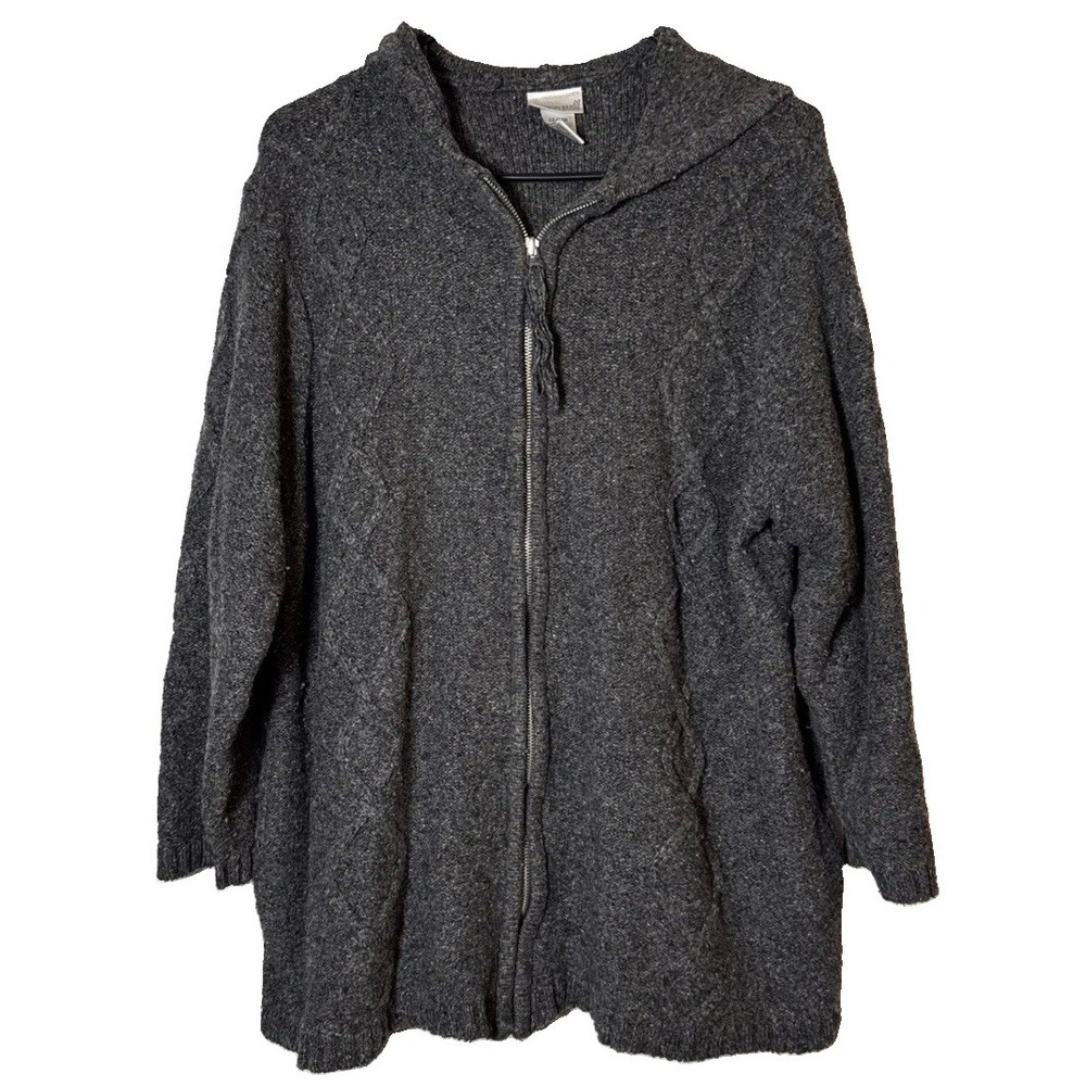 Fashion Bug Womens 22/24W Charcoal Gray Cable Knit Hooded Zip Cardigan Silk Blnd